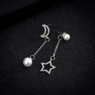 Elegant Silver Moon Star Drop Earrings